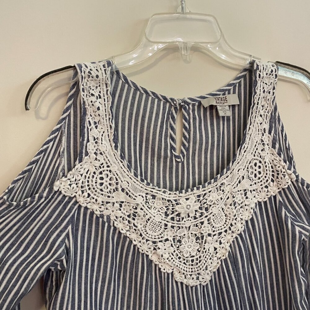 Vintage America Blues Cold Shoulder Crochet Lace Blouse Top Blue Stripes Size M - Picture 3 of 5